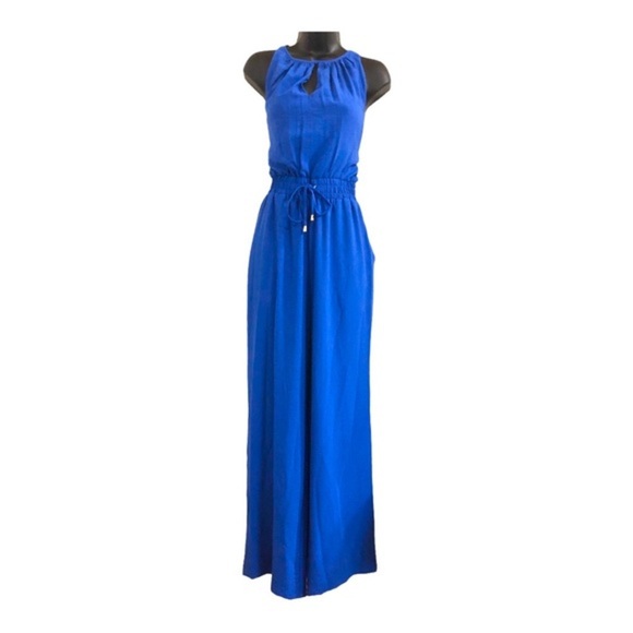 TAHARI blue smocked waist sleeveless ‎ keyhole neck belted jumpsuit size 6 new - Picture 1 of 16
